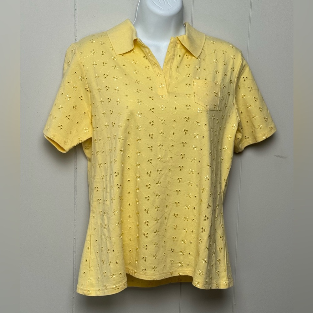 NWT Sport Savvy Women Cotton Blend Yellow Polo Top V Neck Eyelet Embroidery Sz S